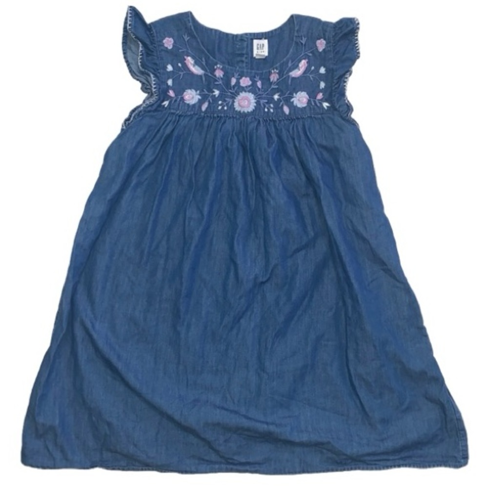 Gap Kids Girls' Blue Cotton Denim Embroidered Ruffle Short Sleeve Casual Dress